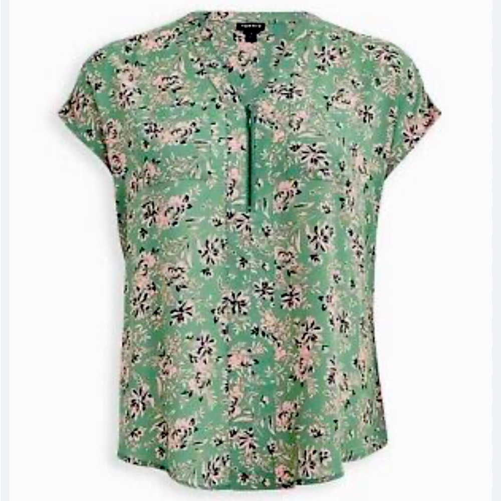 Torrid Georgette Green Floral Dolman Sleeves Zip Front Pockets Cottagecore Sz 1X - Picture 1 of 7
